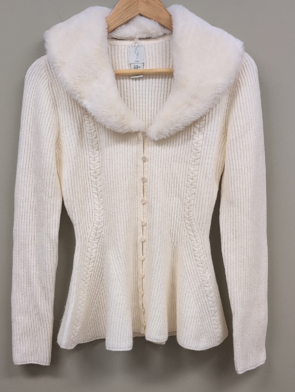 Joie Light Cream Sweater With Removable Faux Fur Collar And Peplum Hem XS